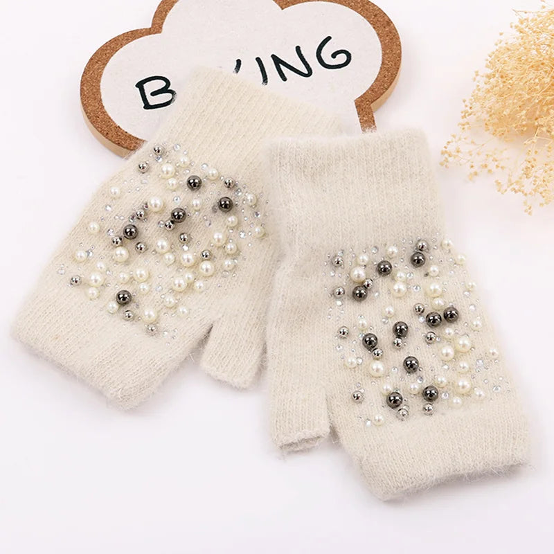 Women's Pearl-Look Half-Finger Knit Gloves — original product gallery image 11