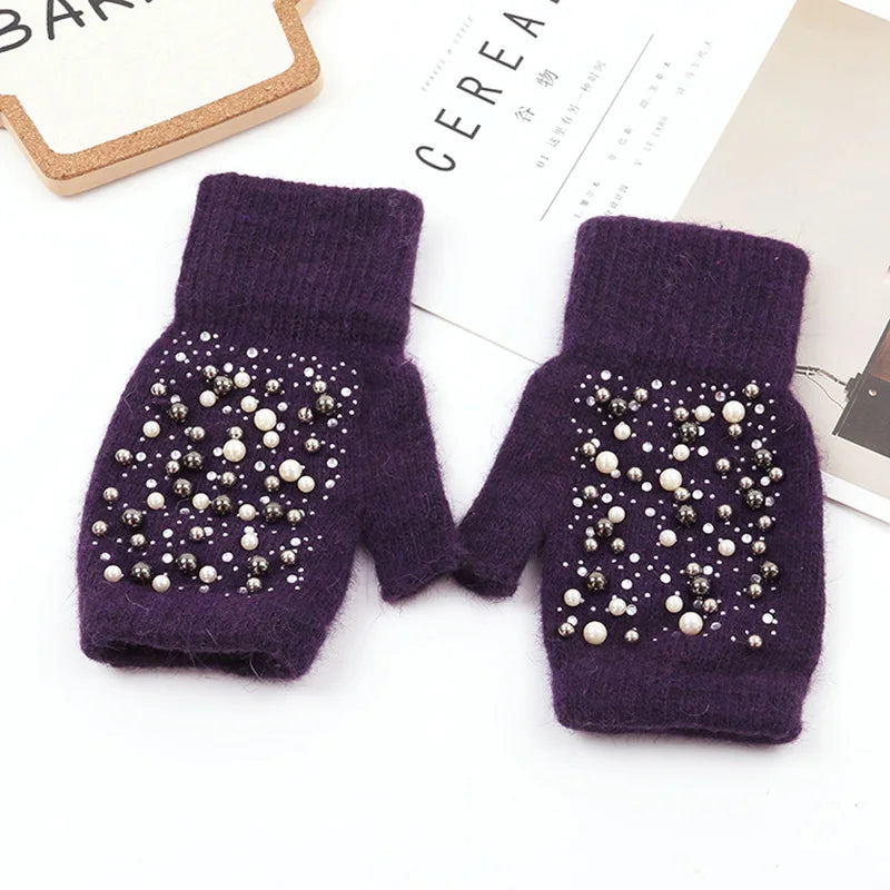 Women's Pearl-Look Half-Finger Knit Gloves — original product gallery image 14