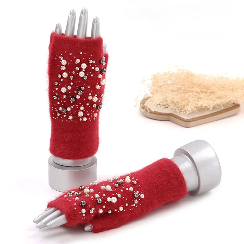 Women's Pearl-Look Half-Finger Knit Gloves — original product gallery image 13