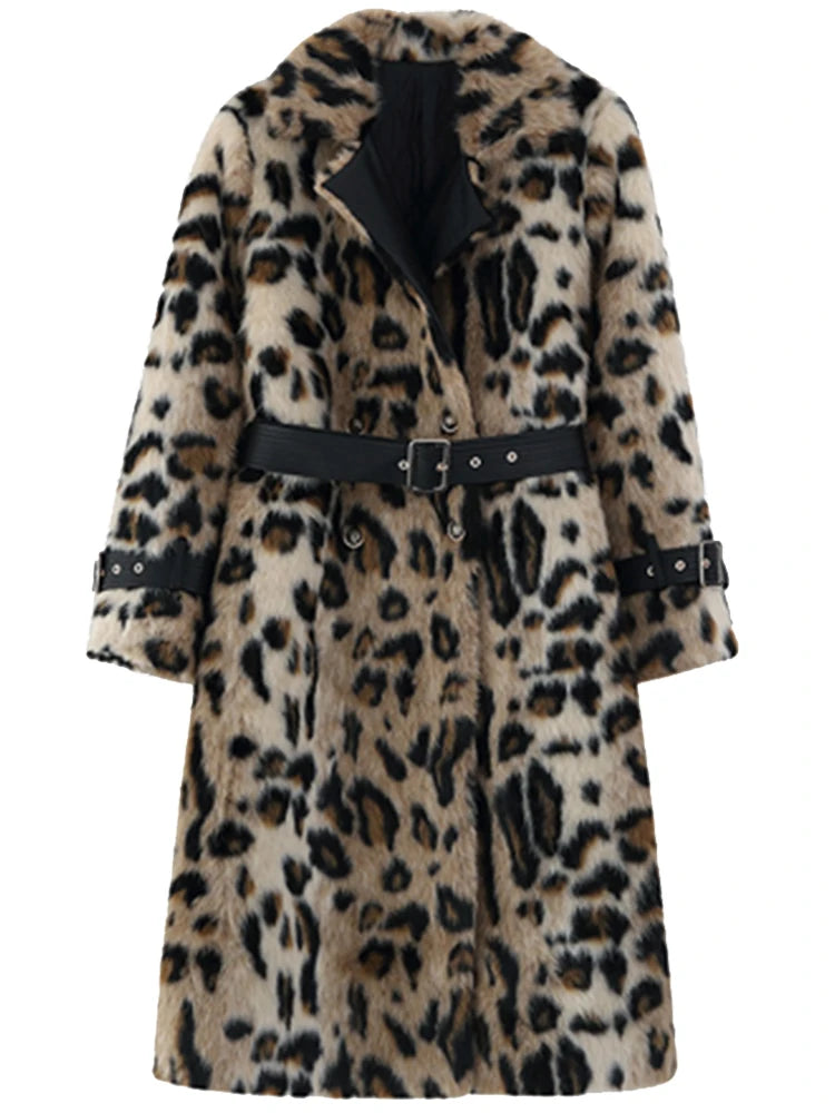 Women's Long Leopard-Print Faux-Fur Double-Breasted Coat — original product gallery image 3