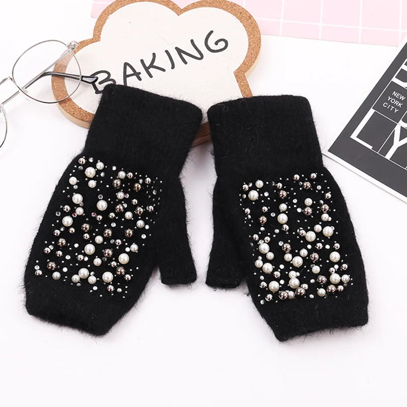 Women's Pearl-Look Half-Finger Knit Gloves — original product gallery image 5