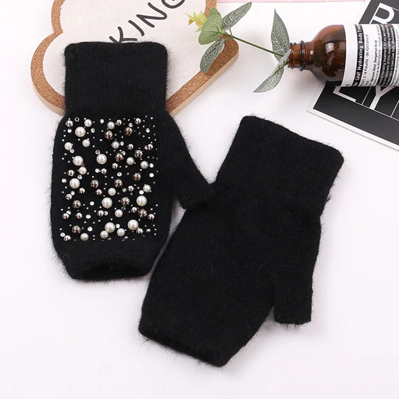 Women's Pearl-Look Half-Finger Knit Gloves — original product gallery image 6