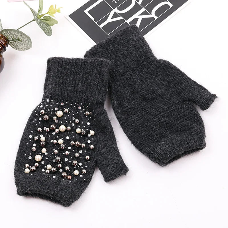 Women's Pearl-Look Half-Finger Knit Gloves — original product gallery image 10