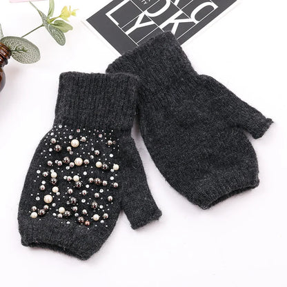 Women's Pearl-Look Half-Finger Knit Gloves — original product gallery image 10