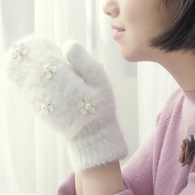 Women's Floral Pearl-Look Winter Mittens — original product gallery image 2