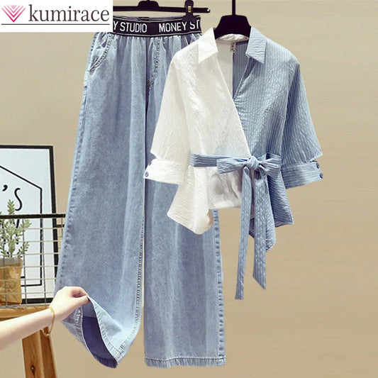 Women's Two-Tone Tie-Front Shirt & Wide-Leg Pants Set