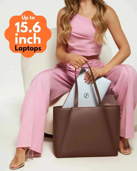 15.6 Inch Women's Work Tote Bag with Zip Compartments, Large PU Leather Office Purse for Laptop