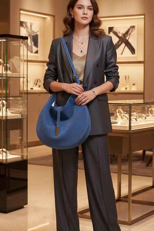 Women's Blue Suede-Look Shoulder Tote