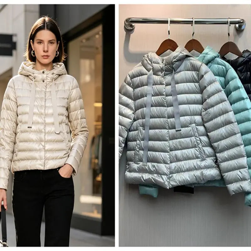 Women's Short Hooded Drawstring Puffer-Style Jacket — original product gallery image 1