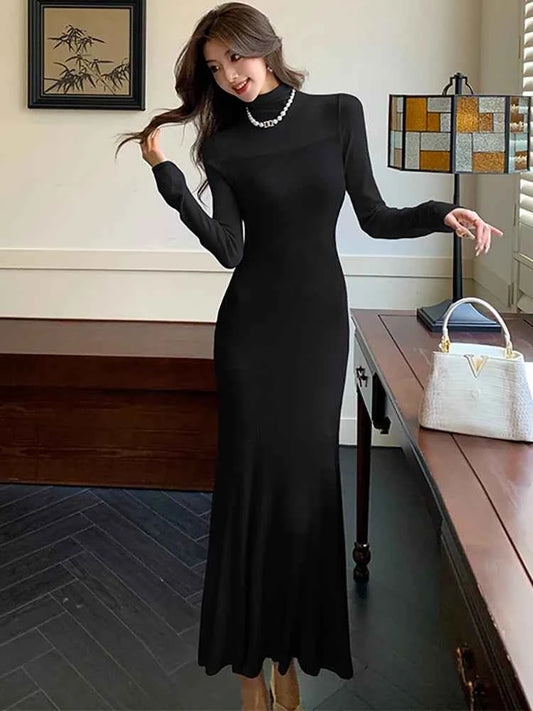 Women's Ruffled Turtleneck Knit Maxi Dress