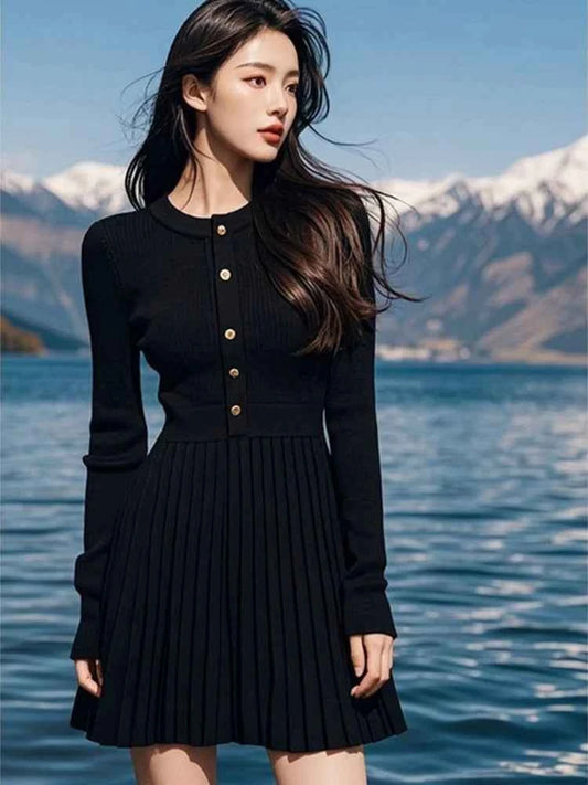 Women's Black Knitted Pleated Mini Dress