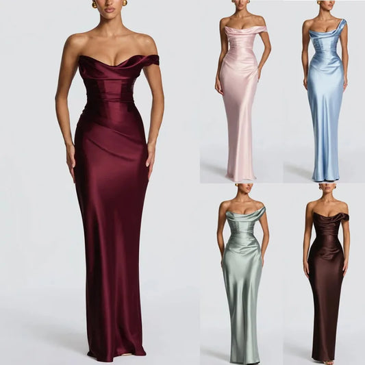 Women's One-Shoulder Draped Satin-Look Maxi Dress