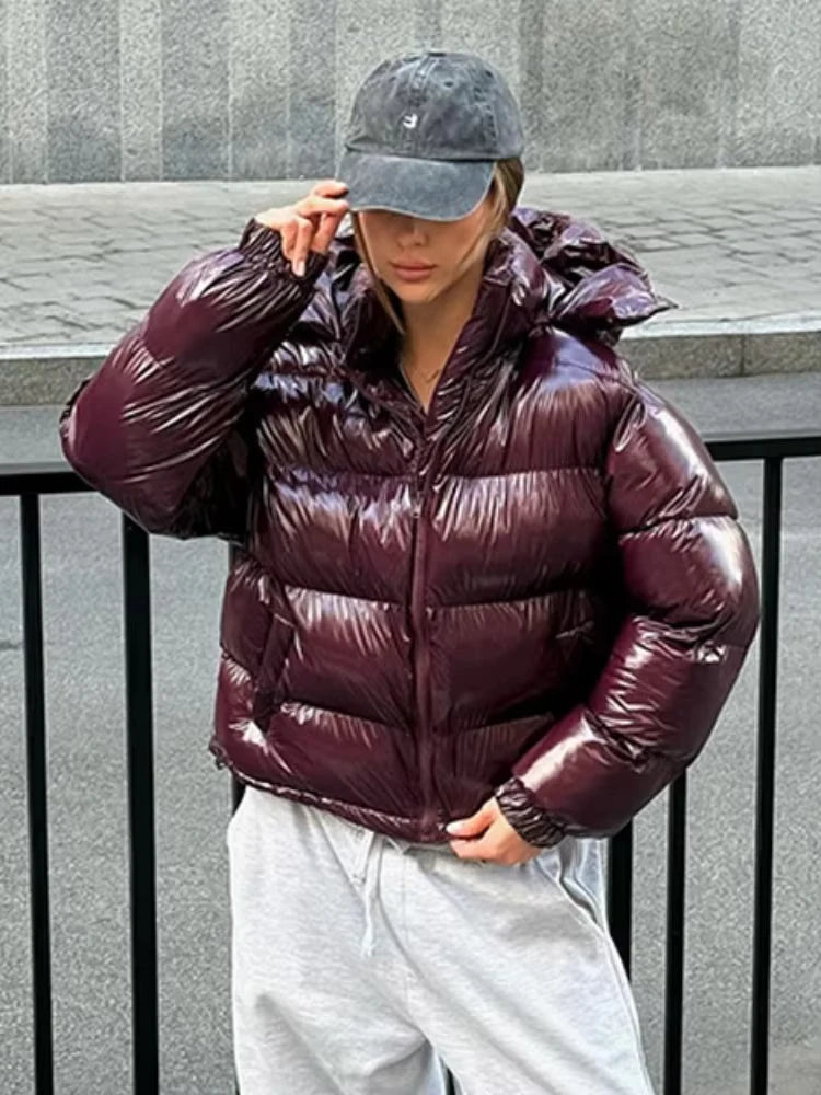 Women's Burgundy Glossy Hooded Padded Jacket