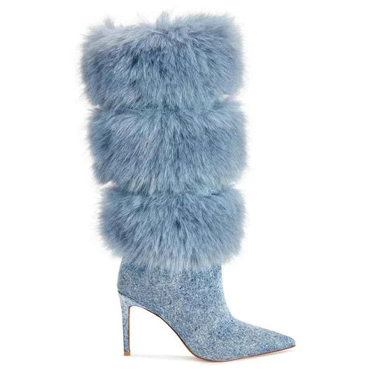 Women's Sky Blue Plush Knee-High Stiletto Boots