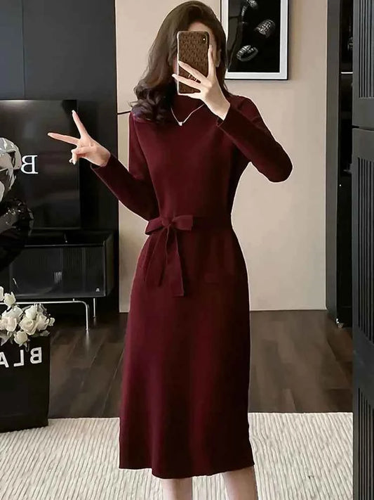 Women's Burgundy Bow Turtleneck Sweater Dress