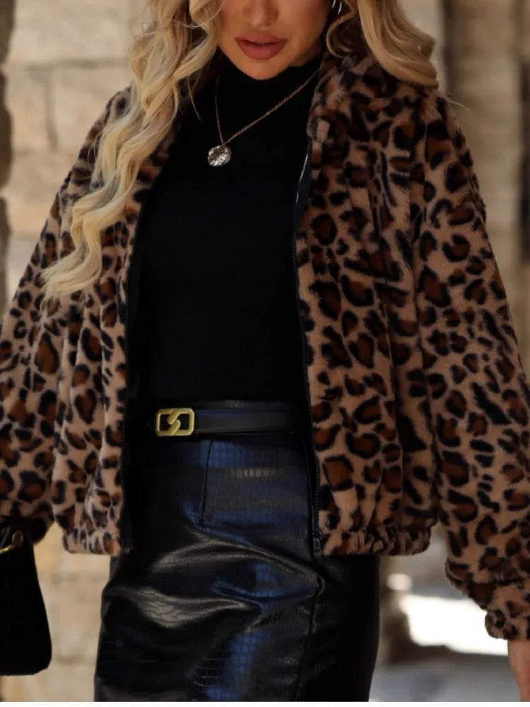 Women's Leopard-Style Plush Zip-Up Jacket — original product gallery image 4