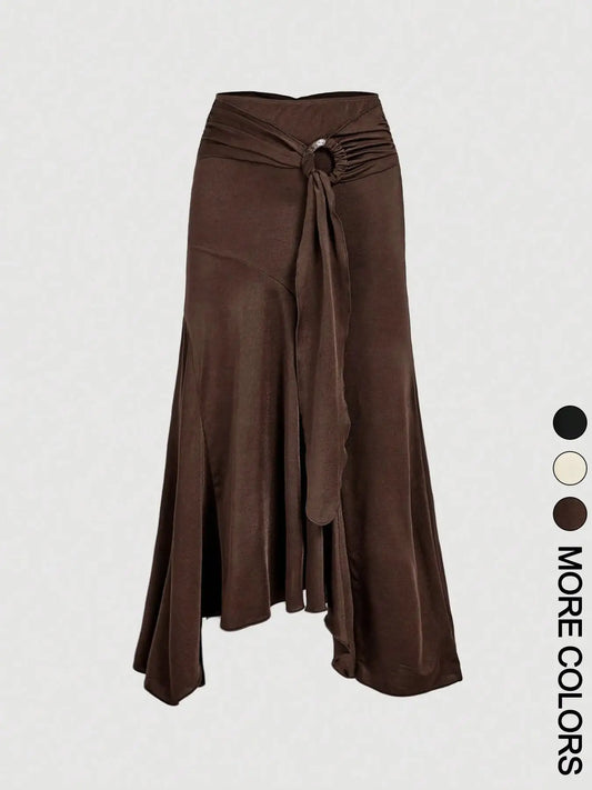 Women's O-Ring Belt Asymmetrical Midi Skirt
