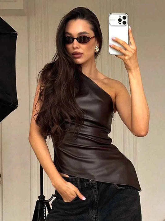 Women's One-Shoulder Leather-Look Asymmetric Top