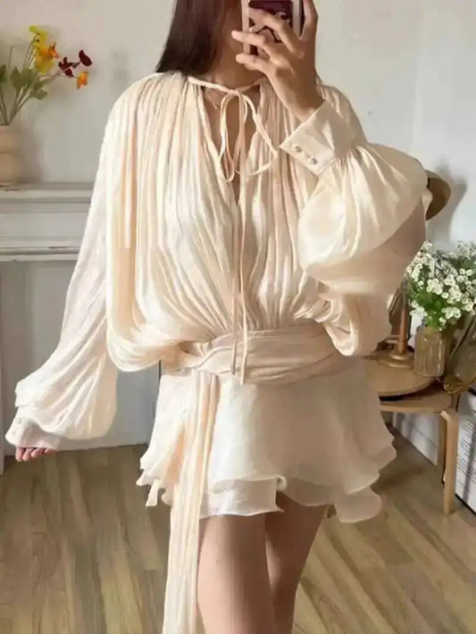 Women's Beige V-Neck Lace-Up Mini Dress