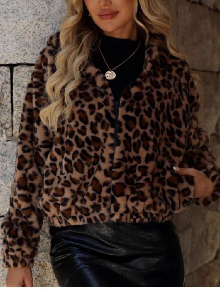 Women's Leopard-Style Plush Zip-Up Jacket — original product gallery image 3