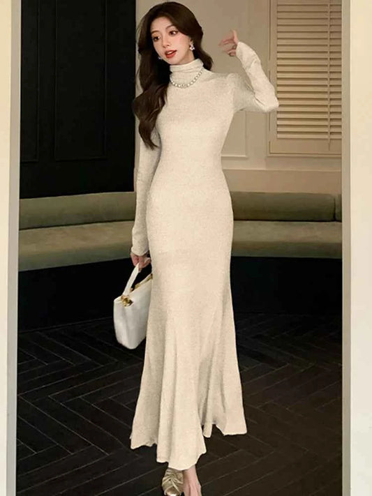 Women's Ruffled Turtleneck Knit Maxi Dress