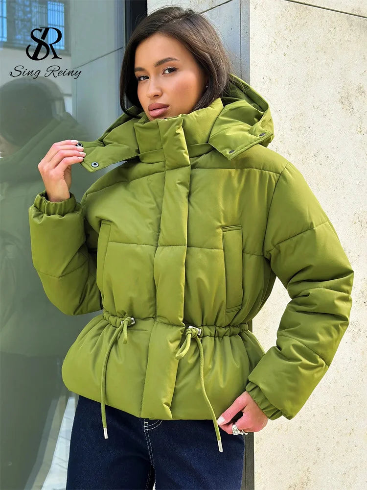 Women's Green Hooded Quilted Winter Jacket