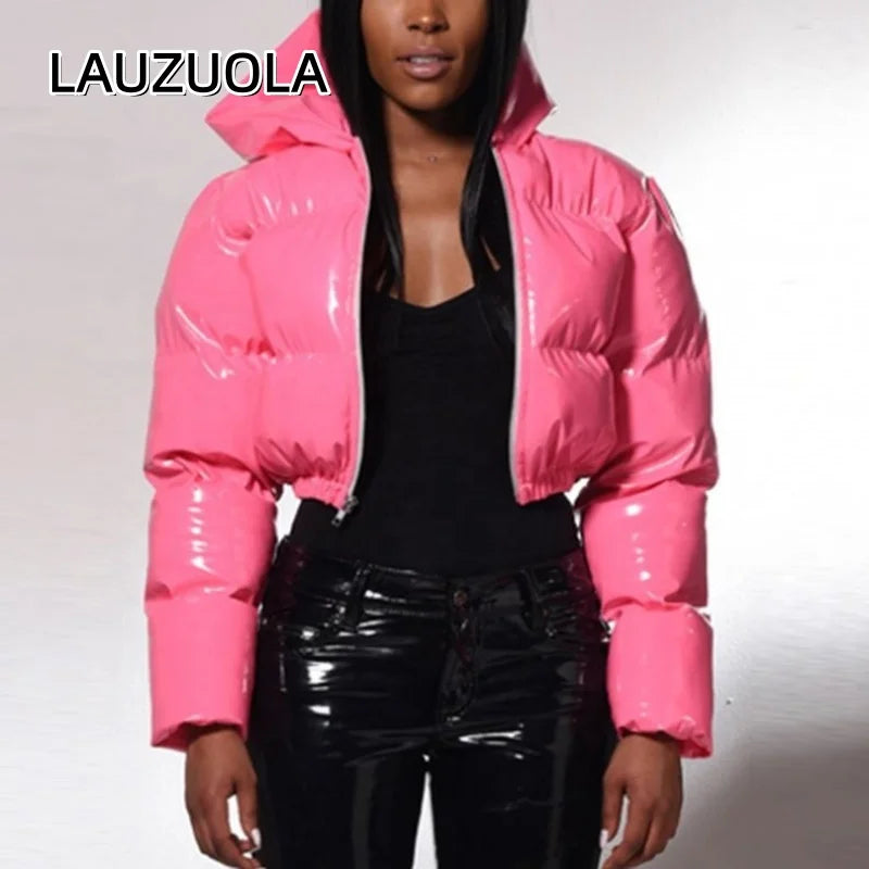 Women's Cropped Hooded Shiny Puffer Jacket
