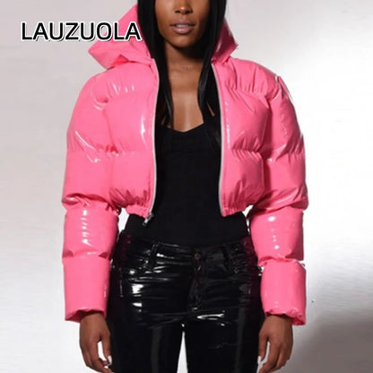 Women's Cropped Hooded Shiny Puffer Jacket
