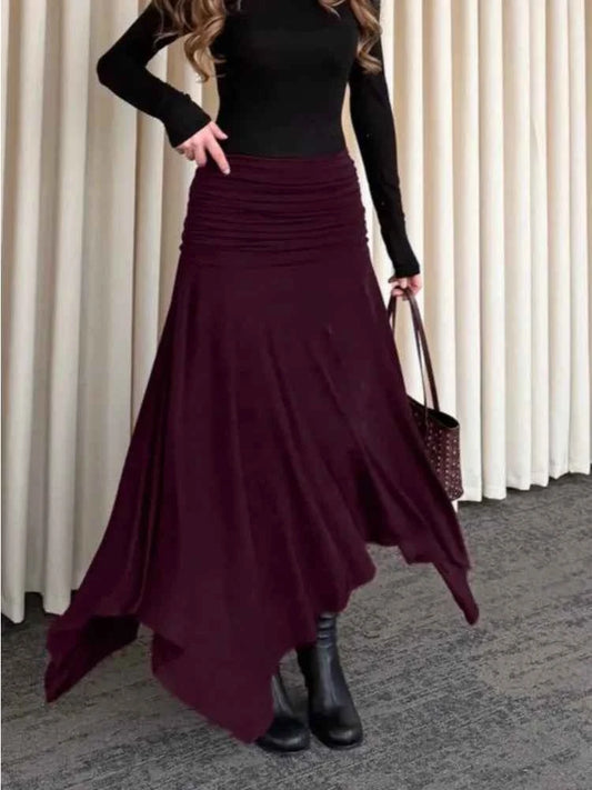 Women's Burgundy Draped Knit Midi Skirt