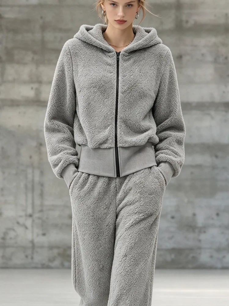 Women's Fuzzy Hooded Zip-Up Lounge Set