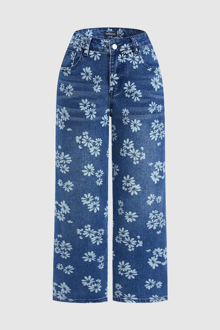 Pantalones vaqueros de pierna recta de talle alto con estampado floral vintage