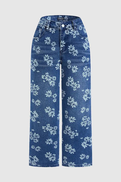 High Waist Straight Leg Jeans Vintage Floral Print Denim Pants