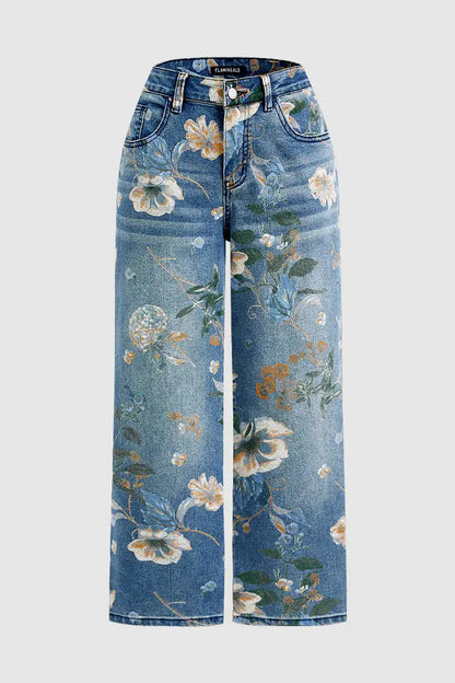 High Waist Straight Leg Jeans Vintage Floral Print Denim Pants