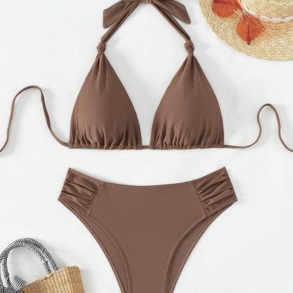 Traje de baño bikini halter de triángulo de color liso para mujer