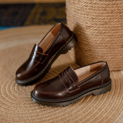 Zapatos de piel de tacón bajo y grueso de punta redonda para mujer