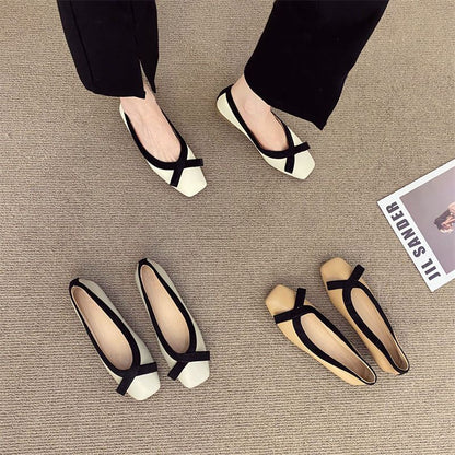 Zapatos planos con punta cuadrada estilo clásico francés para mujer