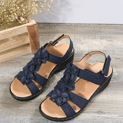 Sandalias de cuña de verano con velcro y flores para mujer