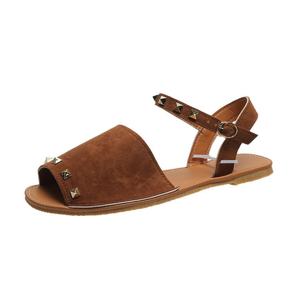 Sandalias con remaches, zapatos de verano de boca de pescado para mujer, sandalias planas de playa