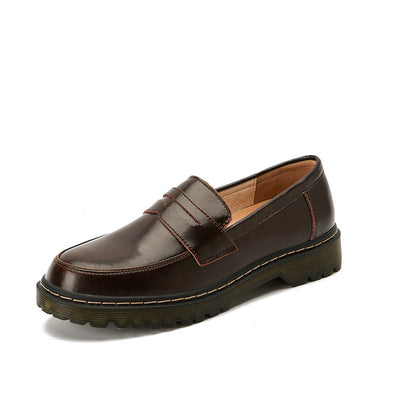 Zapatos de piel de tacón bajo y grueso de punta redonda para mujer