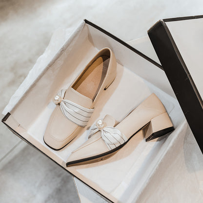 Zapatos de tacón alto de piel para mujer, estilo británico, mocasines, tacón grueso, zapatos individuales para mujer