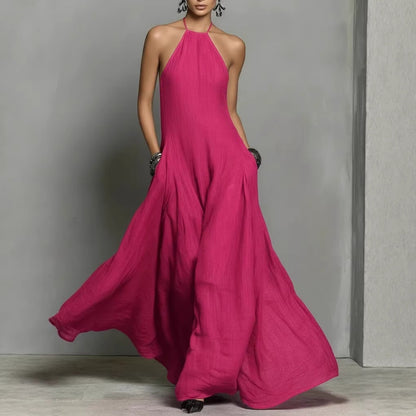 Vestido largo sin mangas de lino y algodón de color liso para mujer
