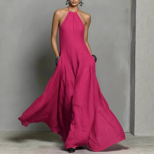 Vestido largo sin mangas de lino y algodón de color liso para mujer