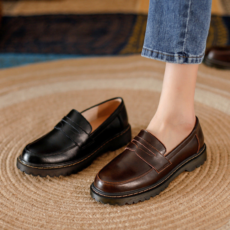 Round Head Thick Low Heel Leather Shoes Women