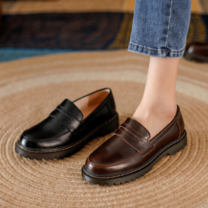 Zapatos de piel de tacón bajo y grueso de punta redonda para mujer