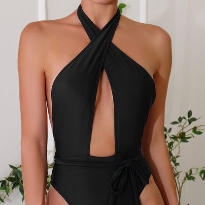 Traje de baño de una pieza para mujer con tirantes cruzados y color liso