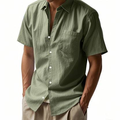 Camisa de lino de color liso de manga corta para hombre