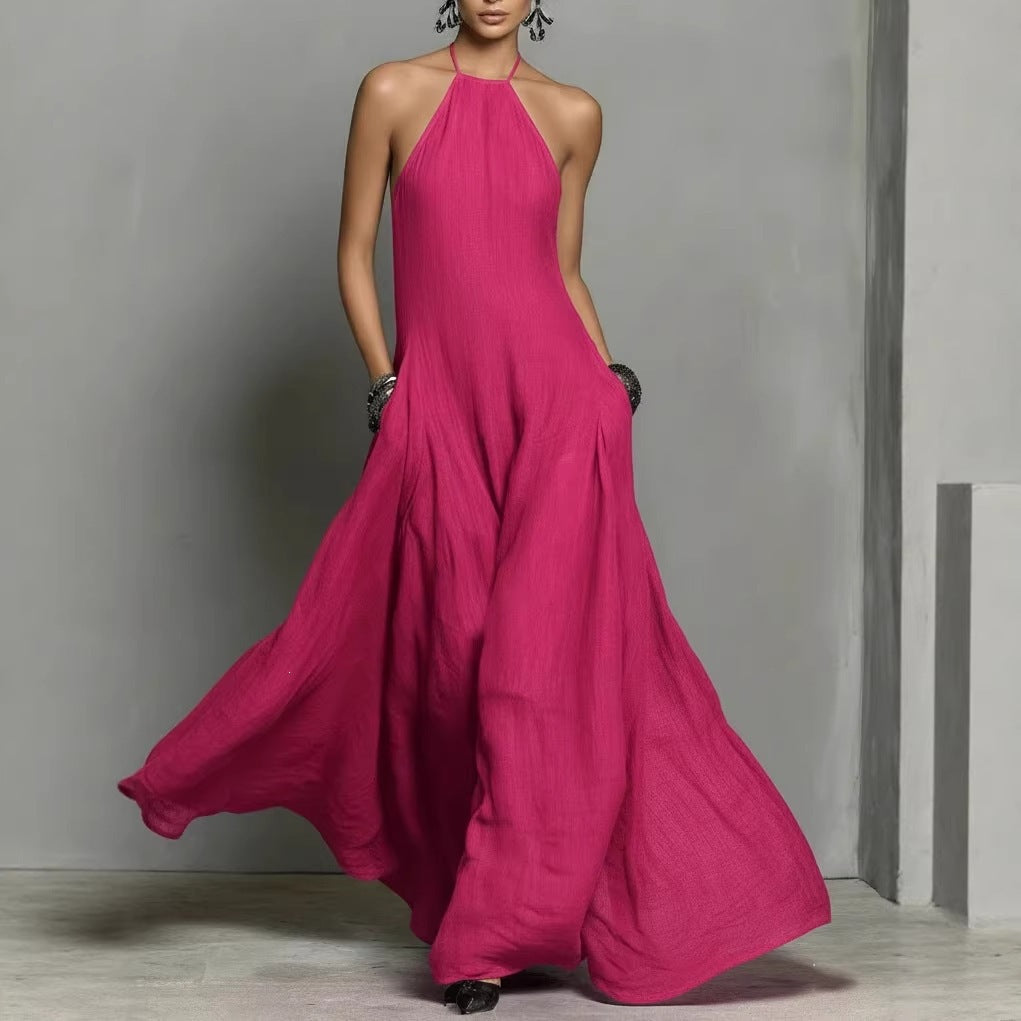 Vestido largo sin mangas de lino y algodón de color liso para mujer