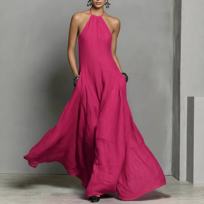 Vestido largo sin mangas de lino y algodón de color liso para mujer