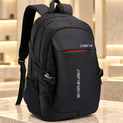 Black JINGPIN backpack with original details preserved; AI-restyled boutique background.