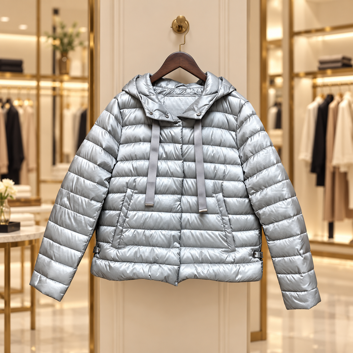 Gray hooded jacket with AI-restyled boutique background; original garment details retained